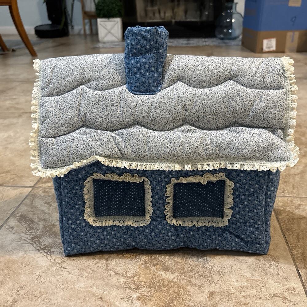 Handmade Blue Calico House Tissue Box Cover Quilted Lace Country Cottagecore